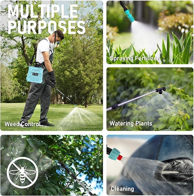 VASG Battery Powered Garden Sprayer 2 Gallon, 7.4V Powerful Electric Pump Sprayer, Weed Sprayer with USB Rechargeable Handle, 5 Mist Nozzles, Retractable Wand, Adjustable Strap for Lawn, Garden, Yard