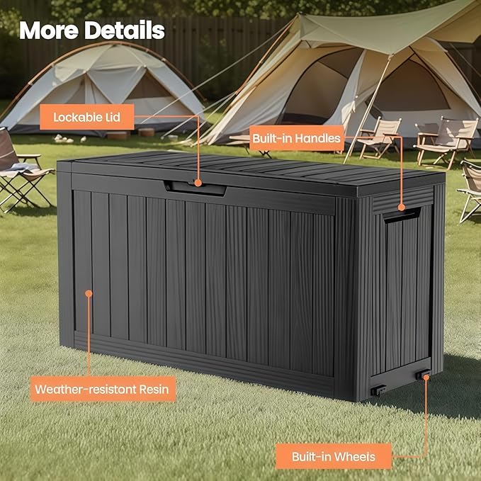 75 Gallon Outdoor Storage Box, Waterproof Resin Deck Box for Patio Cushions & Gardening Tools, Lockable Indoor/Outdoor Storage Bin, Sleek Black Design