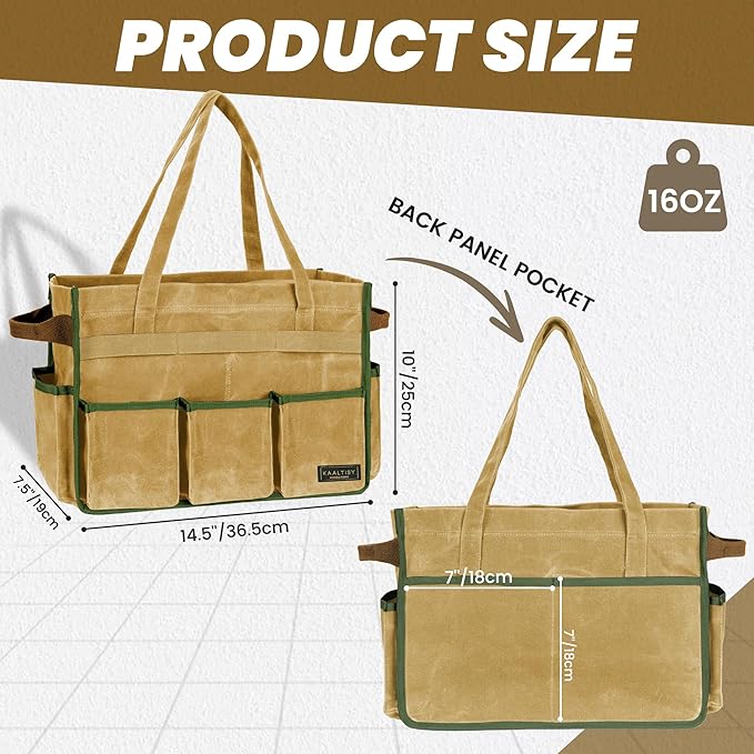 Canvas Tool Bag, 16OZ Waxed Canvas Tool Tote Bag with Metal Zipper & 12-Pocket Design, Multi-Purpose Garden Tool Storage Tote for Electrician Gardener Plumber | Khaki | 14.5"L x 7.5"W x 10"H