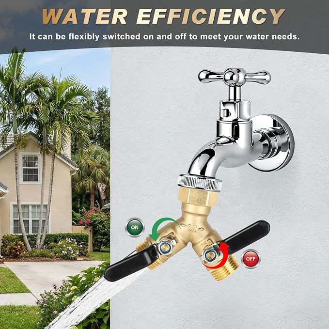 Dalmbox Garden Hose Splitter 2 Way, Brass Y Hose Connector With Long Handle Shut Off Valves, 3/4" GHT Heavy Duty Outdoor Faucet Adapter, Water spigot Splitter for Garden Watering, Lawn, Car Wash