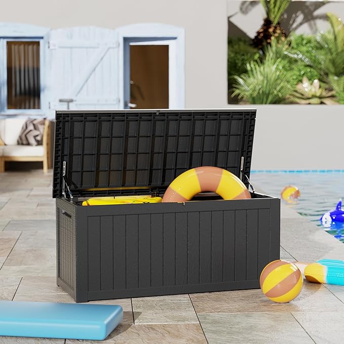 Outdoor Storage Deck Box Waterproof, 270 Gallon Large Lockable Patio Storage Bin Chest, Resin Outside Container Seat Bench for Furniture Cushions, Pool Accessories, Garden Tools & Delivery, Black