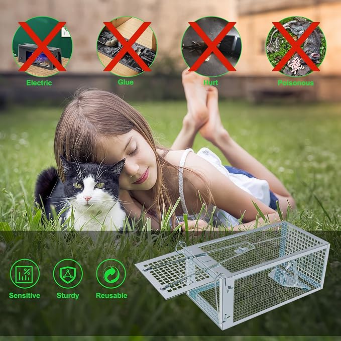 Humane Rat Traps 2-Pack, No Kill Small Animal Cage Trap, Live Mouse Trap Cage Catch and Release, Trampa para Ratones, Chipmunk Rodent Trap that Work for Indoor and Outdoor - 10.6" L x 5.5" W x 4.7" H