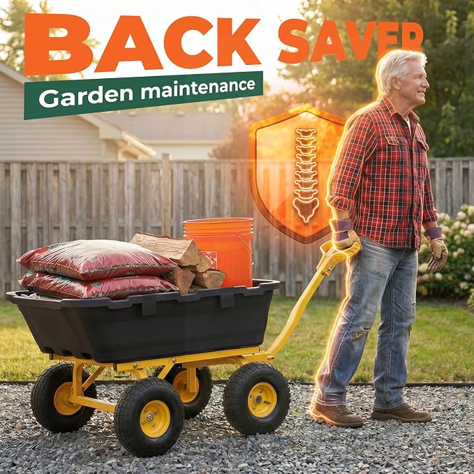 Sekey 1400lbs Garden Dump Cart for Lawn & Landscaping, Towable Utility Wagon with Quick-Release Dumping, 10" All-Terrain Tires, Black