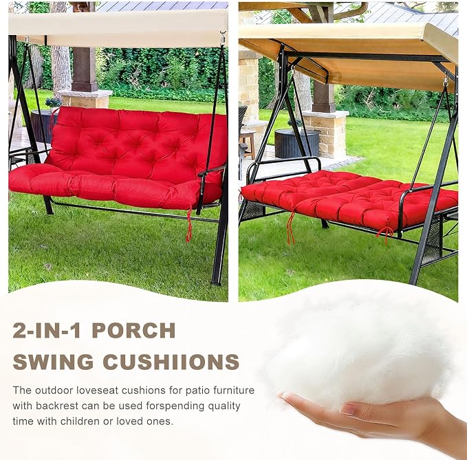 Porch Swing Cushion with Backrest,Waterproof Bench Cushion for Outdoor Furniture,2-3 Seater Replacement Thickened Swing Cushion with Ties,Patio,Outdoor,Backyard and Garden (Red,47x40)