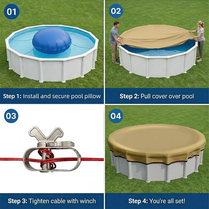 [Ultra Thick] 21FT Round Winter Pool Covers for Above Ground Pool Covers Easy Install 195GSM 500D,UV & Tear Resistant, Upgraded Heavy-Duty Winch, Reinforced Edges,Extra 4Ft Overlap Beige