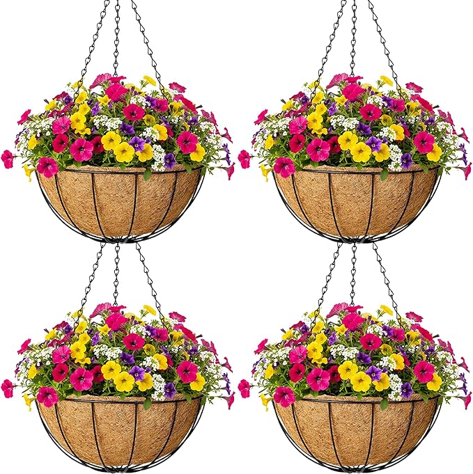 4pcs 14 inch Metal Hanging Baskets Round Wire Plant Stand with Coco Lining Cushion Decorative Planter Hanger Garden Indoor Outdoor Watering Hanging Basket （XG）