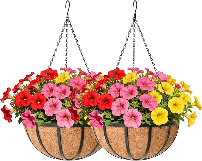 16 Inch Black Flat Iron Metal Hanging Planter Basket with Coco Coir Liner(2 Pack) Hanging Planters for Outdoor Plants Hanging Baskets for Plants Flower Pots for Deck Patio Porch Garden Balcony