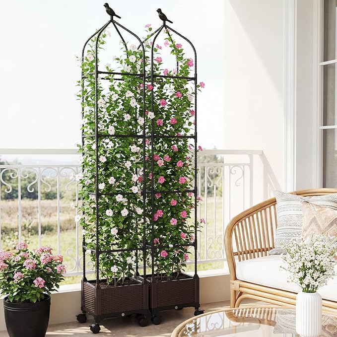 HAPPYGRILL Raised Garden Bed with Trellis, Self-Watering Tomato Cages, 83” 67” 51” Adjustable Height, Indoor Outdoor Obelisk Planter Box w/Trellis & Wheels for Climbing Plants Vines Fruits (2)