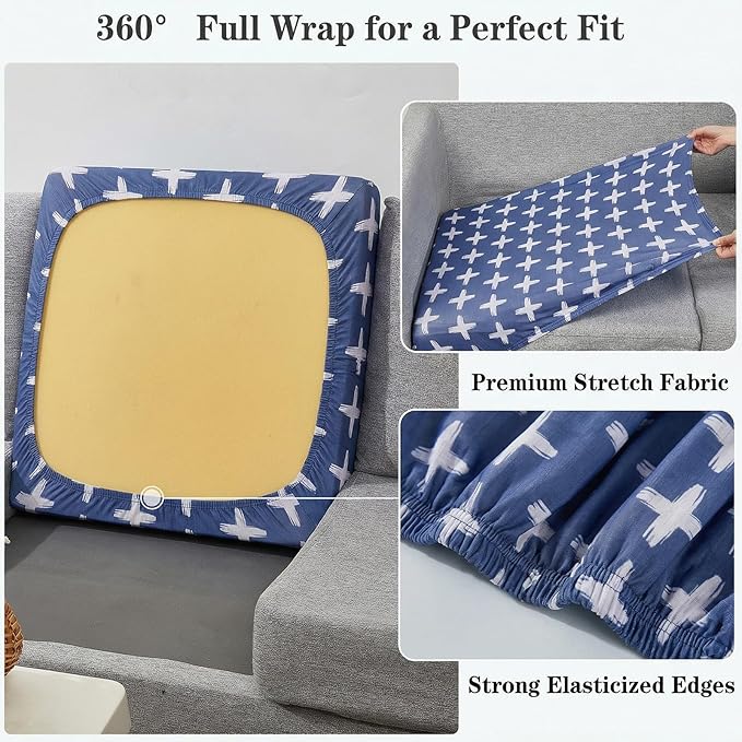 8 Pack Outdoor Cushion Covers Water Resistant High Stretch Fit Patio Cushion Covers 180g Couch Seat Slipcovers Machine Washable Pet & Kids Friendly Home Refresh 20-27 Inch, Navy Cross