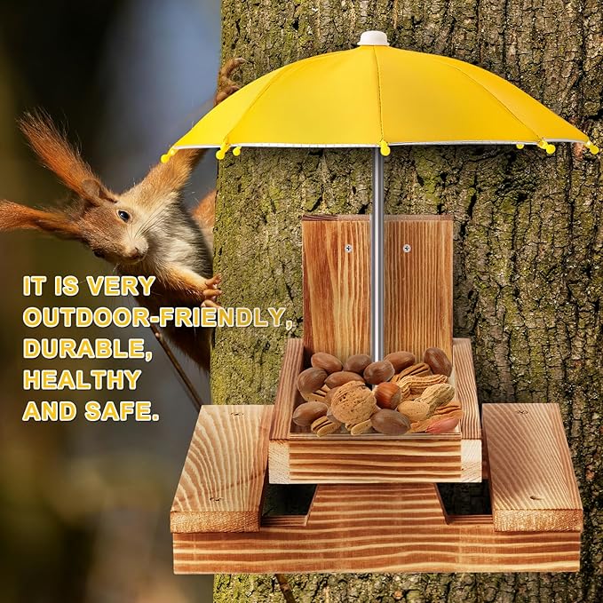 Gnodary Squirrel Feeder with Umbrella, Squirrel Feeders for Outside, Squirrel Picnic Table Feeder - Chipmunk Feeder Hold Corn, Corn Cob, Peanuts Style2 (Yellow)