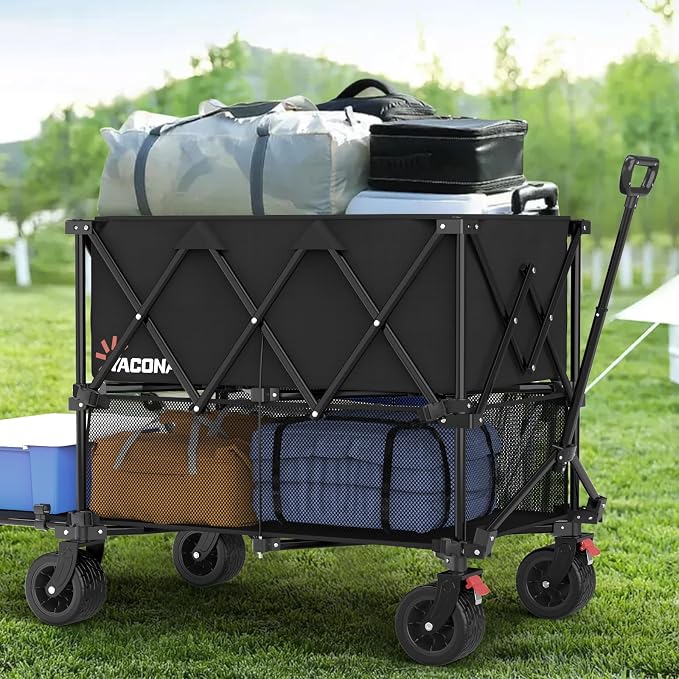 400L Large Double Decker Wagon Collapsible, 450lbs Beach Wagons Carts Foldable Heavy Duty, 55" Extended Utility Folding Cart for Camping, Garden, Sports, Grocery, Shopping