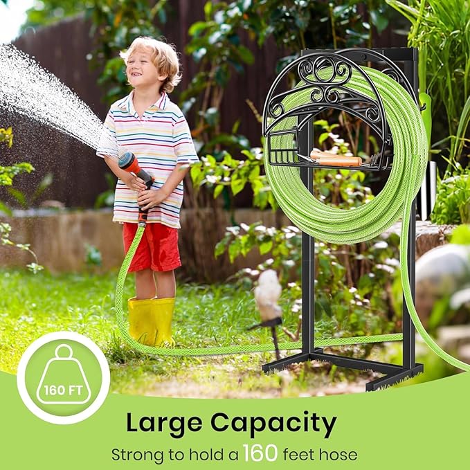 TomCare Garden Hose Holder Upgraded Water Hose Holder with Storage Basket Heavy Duty 4 Spikes Hose Hanger Holds 160 Feet Hoses Stable Freestanding Hose Storage Organizer for Outside Yard