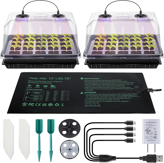2 Sets 60 Cell Seed Starter Tray with Grow Lights and Heat Mat, Seed Starter Kit with 5.9” Humidity Dome and Vents, Indoor Plant Germination Trays, Seedling Startering Trays for Faster Germination