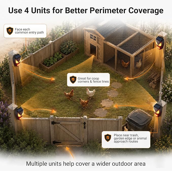 4 Pack Solar Nocturnal Animal Repeller with Predator Lights, Waterproof Coyote Deterrent Devices for Raccoon, Skunk, Opossum & Deer, Fox Repellent for Yard, Farm, Chicken Coop, Garden