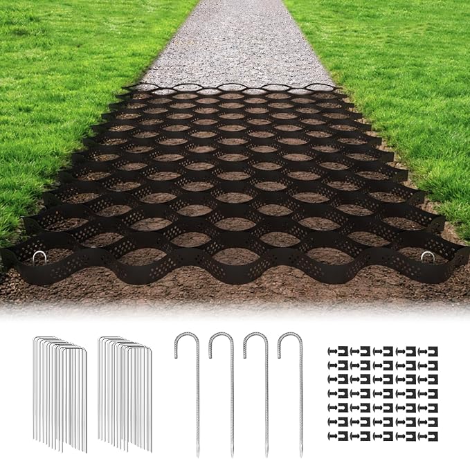 Gravel Grid 3'' Depth with Metal Stakes, 6.6x33 FT Geogrid for Gravel Driveway 2200 lbs per Sq FT Erosion Control Ground Grid Gravel Stabilizer Grid for Driveway, Parking Lot, Slope, Walkway, Patio