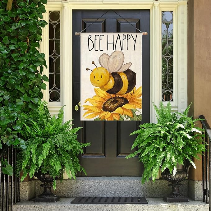 BEE HAPPY House Flags for Outdoor Decoration, Summer Watercolor Bee with Sunflower Large Yard Flag, Seasonal Decorative Celebration Decor for Spring Farmhouse Holiday Outside 28x40 Inch Vertical Double Sided