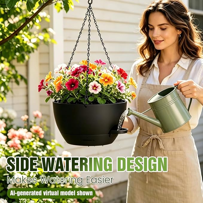 10 Inch Self Watering Hanging Planters, 3 Pack Plastic Plant Pots | Sturdy lightweight pot with side watering lip, drainage holes, snap-on detachable tray & hanging chain for easy care