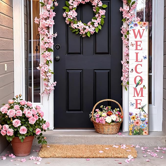 Hummingbird Welcome Sign for Front Door, Summer Porch Sign Tulip Flowers Outdoor Yard Sign Seasonal Tall Floral Welcome Porch Sign Wildflowers Wood Door Sign for Garden Patio Wall Home Decor