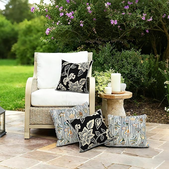 LVTXIII Outdoor Throw Pillows 18x18 Patio Waterproof Square Pillows with Piping Fade Resistant Accent Pillow for Spring Summer Garden Decoration, Set of 2, Elegant Vines Black