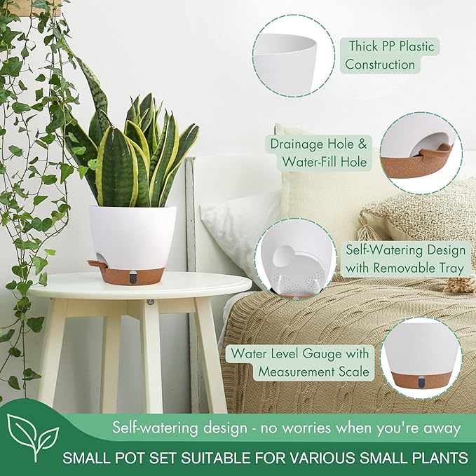 montresor 5-Pack Self-Watering Planters with Wick & Reservoir (5/5.5/6/6.5/7 Inch) – Plastic Indoor Pots with Drainage, Modern White Flower Pot for Violet, Herb