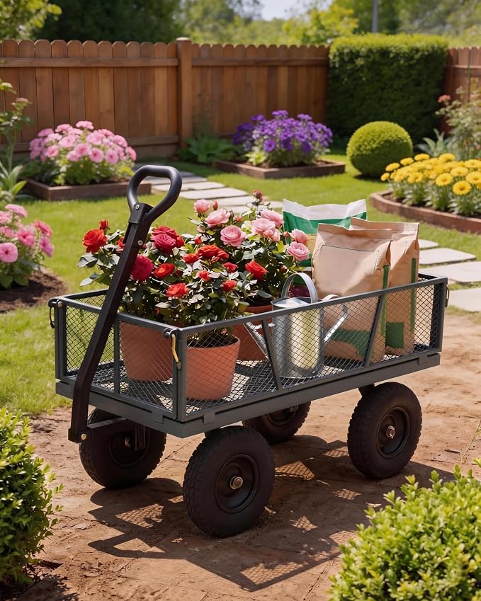 GarveeTech 1200LBS Heavy Duty Steel Garden Cart, Garden Wagon Cart on Wheels, Metal Yard Utility Wagon with Removable Mesh Sides, 13" All Terrain Tires, 180° Rotating Handle for Lawn, Garden, Farm