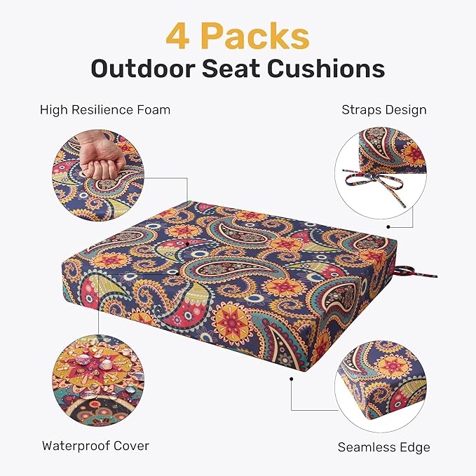 UNIKOME Outdoor Chair Cushions Pack of 4, Water Resistant Patio Cushions with Ties, High Density Sponge Filling Square Corner Seat Cushions for Outdoor Furniture, 18.5"*16"*3", Palmira Paisley