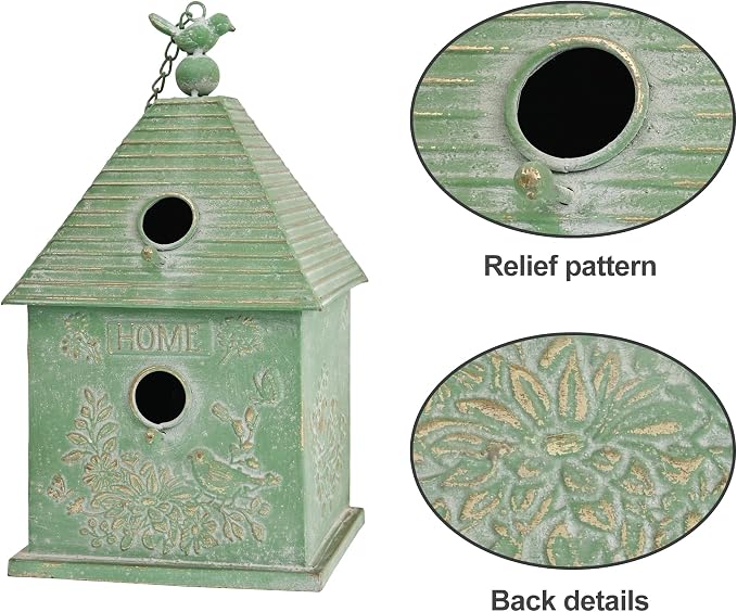 Distressed White Hanging Birdhouse with Home Emblem, Rustic Farmhouse Decorative Bird Nest Box for Outdoor Garden, Patio, Yard, Weathered Bird Shelter for Small Birds (Green)