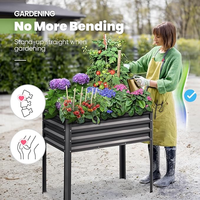 KING BIRD Raised Garden Bed with Legs Galvanized Elevated Planter Box for Backyard, Patio, Balcony, 33.9x17.6x31.5 in, Dark Gray