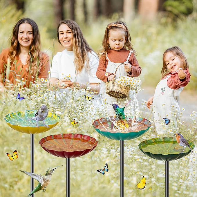 Metal Flower Bird Bath for Outside, Small Hummingbird Bath Bowl Detachable Birdfeeder Bowl Garden Decor for Outdoor Yard Lawn (4PCS-Flowers)