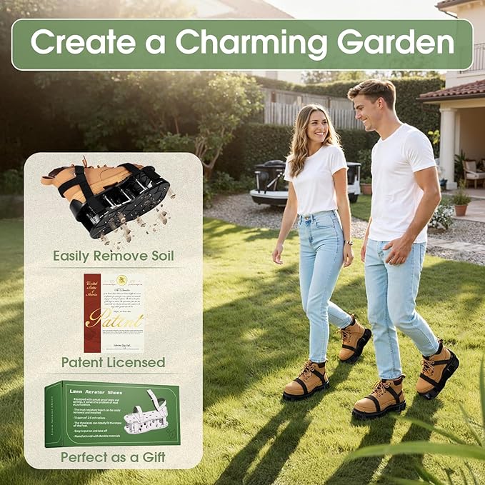 NAZZO Lawn Aerator Shoes, Upgrade Double Layer Lawn Shoes, Spring-Loaded Design, No Dirt on the Shoes, Soil Yard Aerator Tool for Aerating Patio Garden, Black, Patent Authorization Obtained