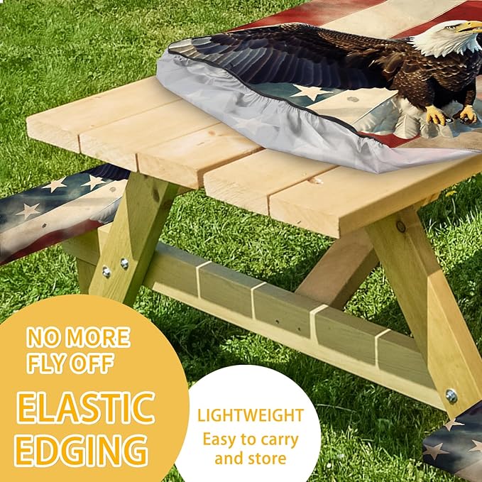 Park Picnic Table Cover with Bench Covers Lightweight Camping Essentials, Oil-Proof Waterproof 3PCS Tablecloth with Elastic, Fitted for Table 6FT Rectangle and Seats, American Flag Eagle (72x30in)