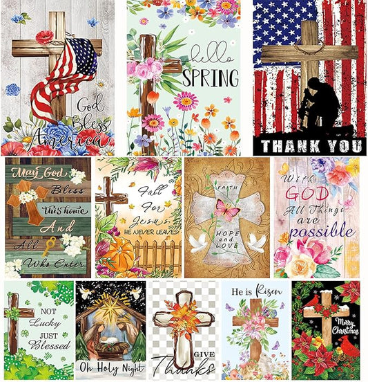 Christian Seasonal Garden Flags Set of 12 Double Sided 12 x 18 Inch Cross Yard Flags, Small Flags for Outside, Fall Winter Easter Christmas Outdoor Flags, Holiday Garden Flags for All Seasons ﻿