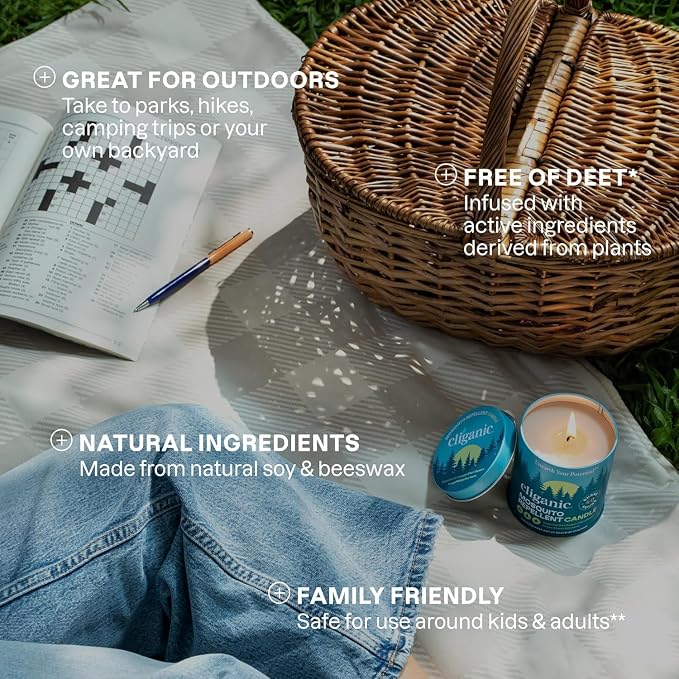 Cliganic Natural Mosquito Repellent Candle (Large 16oz, Pack of 2) | Citronella, DEET Free, Essential Oil Infused for Outdoor, Camping | Burns 55 Hours