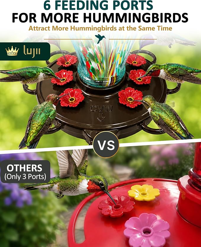 LUJII Smart Hummingbird Feeder with Camera for Outdoor Hanging, Hand Blown Glass, Solar WiFi Feeder with Live View App, 6 Feeding Ports, Leak-Resistant Design, Ant Moat & Gift Box, 32 fl oz, Teal