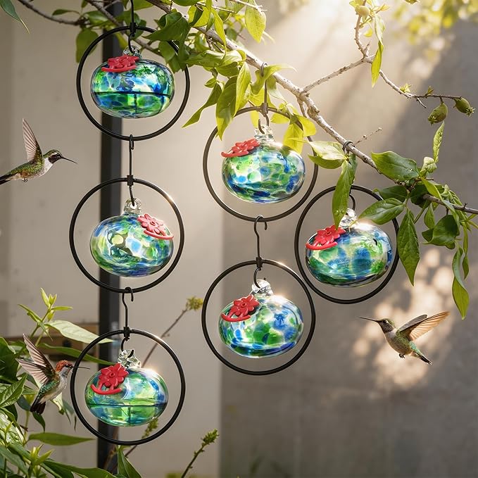 QFkris Set of 6 Blown Glass Hummingbird Feeder for Outdoors Hanging, Small Hummingbird Feeder with Flower Feeding Ports for Outside Garden Backyard Decor, Gardening Gifts for Women Mom(Green)