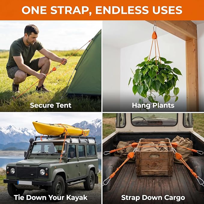 6-Pack Long 14ft Retractable Rope Paracord Ratchetable Strap,Heavy Duty Adjustable Pulley Tie Down for Kayak Storage,Outdoor Plant Hanging,Tent Tie Downs,Cargo Securing with Carabiner Hooks（Orange）
