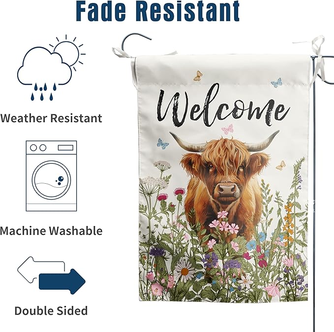 Floral Highland Cow Garden Flag Spring Summer House Flags 28x40 Double Sided Flower Funny Farmhouse Yard Flags for Outside Large Farm Outdoor Welcome Flags