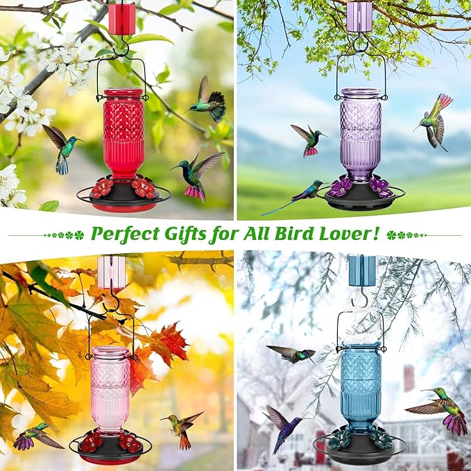 FEED GARDEN Glass Hummingbird Feeder for Outdoors Hanging, 16 OZ Humming Bird Feeders with 4 Bee Guard Feeding Ports & Built-in Ant Moat, Hummingbird Gifts for Mom Bird Feeder for Outside, Pink,2 Pack