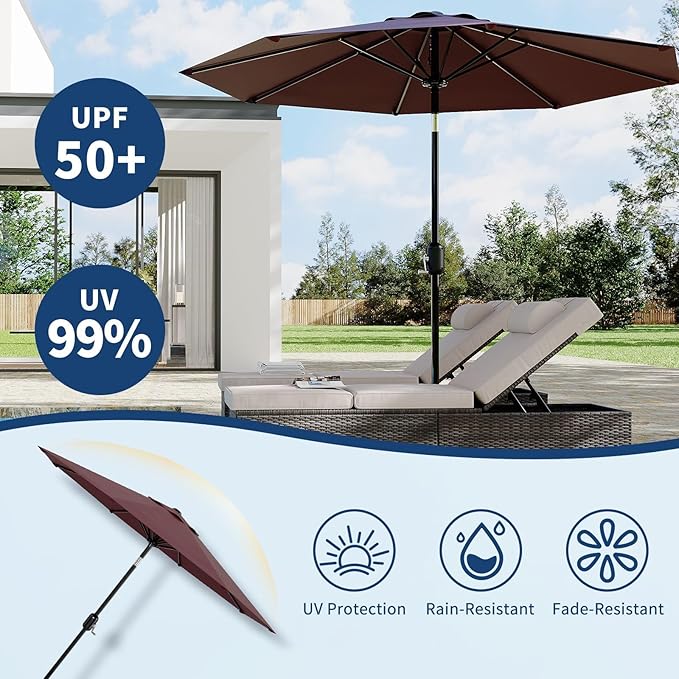 Garvee 9 ft Patio Umbrella - 8 Sturdy Ribs Outdoor Table Umbrella with Crank Lift & Push Button Tilt - Market Umbrella for Pool, Deck, Yard, Garden - Dark Red