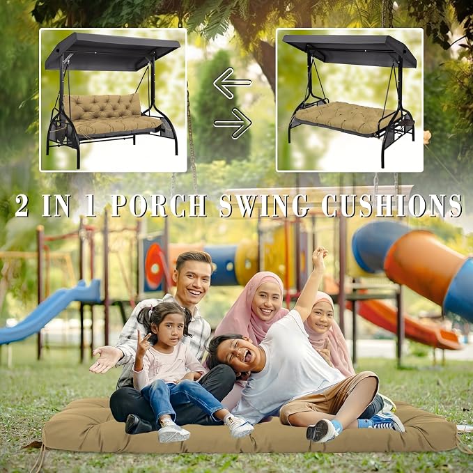 Porch Swing Cushions 48 inch 2 Seater Waterproof Outdoor Replacement Cushions with Backrest Thicken 5" Cushions for Porch Swing for Patio,Outdoor,Backyard and Garden(Khaki 48×40×5inch)