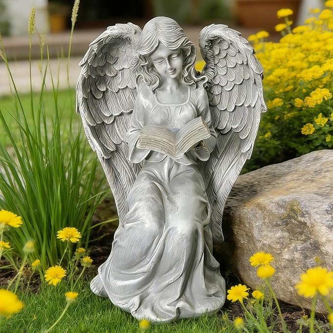 Solar Angel Book Statue, Waterproof Resin Outdoor Yard Garden Decor | Auto solar 7.5in reading angel figurine, warm LED glow, UV-resistant resin for indoor & outdoor decor