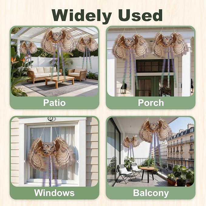 3 Pcs Hanging Fake Owl to Scare Animals Away, Flat Cardboard Fake Owl Keep Pigeon Woodpecker Away, Weatherproof Outdoor Decor for Contryard Patio Backyard Front Porch Balcony Orchard Windows