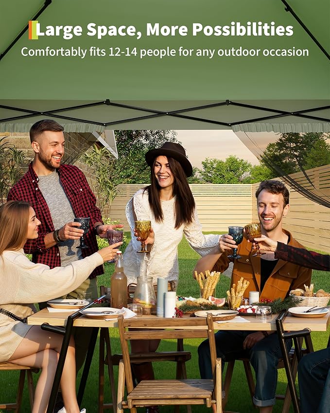 GarveeLife Canopy Tent 13x13 ft, Pop Up Gazebo One-Push Setup with 4 SandBags for Backyard Parties and BBQs, Mosquito Netting & Height Adjustable - Olive Green
