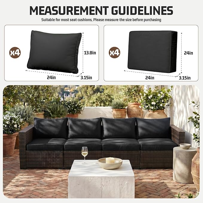 8pcs Outdoor Patio Cushion Covers Replacement, 24" Zippered Outdoor Cushion Covers Waterproof, UV Resistant & Washable Patio Furniture Cushion Covers Waterproof for Patio Sectional, Covers Only Black