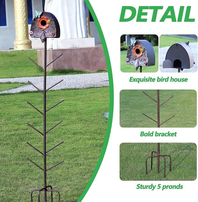 57" HMetal Bird House and Wine Bottle Tree, 2 in 1, Lawn Ornaments for Outside,As Garden Yard Decoration for Exterior Party Landscape Decoration