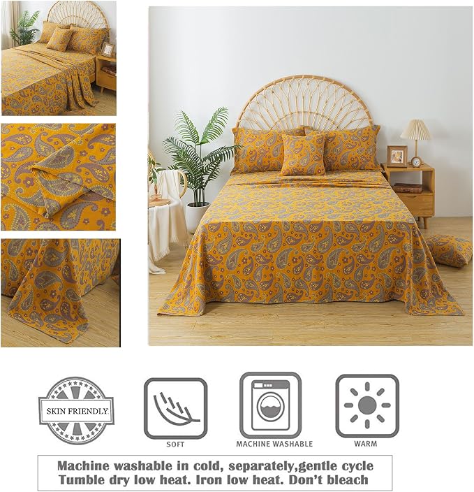 FADFAY Paisley Sheets Set King Vintage Yellow Grey Floral Bedding Shabby Farmhouse Bedding Super Soft Washed Double -Layer Muslin Sheets Luxury 100% Cotton Deep Pocket Fitted Sheet 4Pcs, King Size