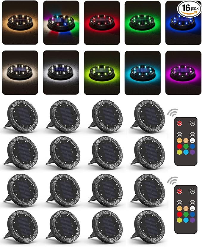 Color Changing Solar Ground Lights with 33ft Long Distance Remote Control - Flat Solar Light Outdoor Waterproof - Pathway Lights Solar Powered for Yard Decorative Outside Lawn Walkway [16 Pack]