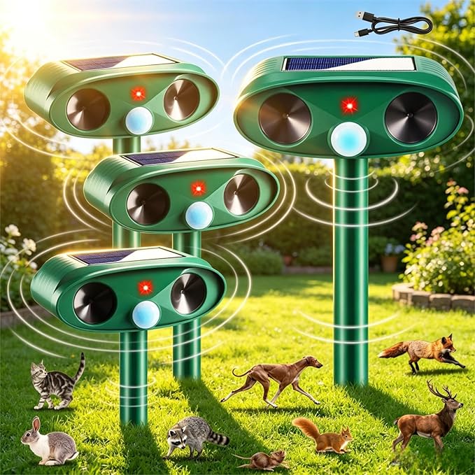 4 Pack Sonic Fortress Pro Deer Repellent Devices- Solar Ultrasonic Animal Repeller Outdoor Weatherproof with Motion Sensor & USB Charging,Deter Cats,Squirrels,Racoons,Rabbits,Skunks for Yard Garden