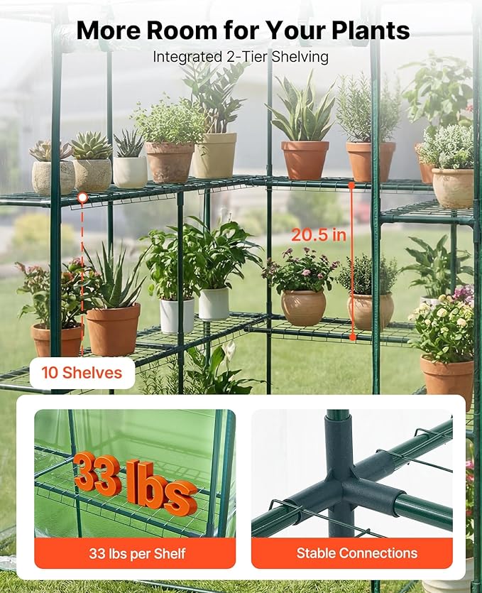 VEVOR Walk-in Greenhouse, 54" x 54" x 77.2" Greenhouse for Outdoors with PVC Cover, 2 Tiers 10 Shelves, Roll-Up Zipper Door, Walk in Green House, Portable Plant Garden Hot House for Backyard Outside