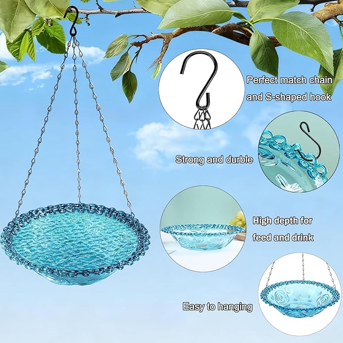 4 Pack Hanging Bird Baths Bowl Outdoor Bird Feeder 15.7 Inch Metal Chains, Weather-Resistant Hanging Bird Feeder & Bath Tray for Garden, Patio, Backyard Wildlife Decor (4Pcs Color)